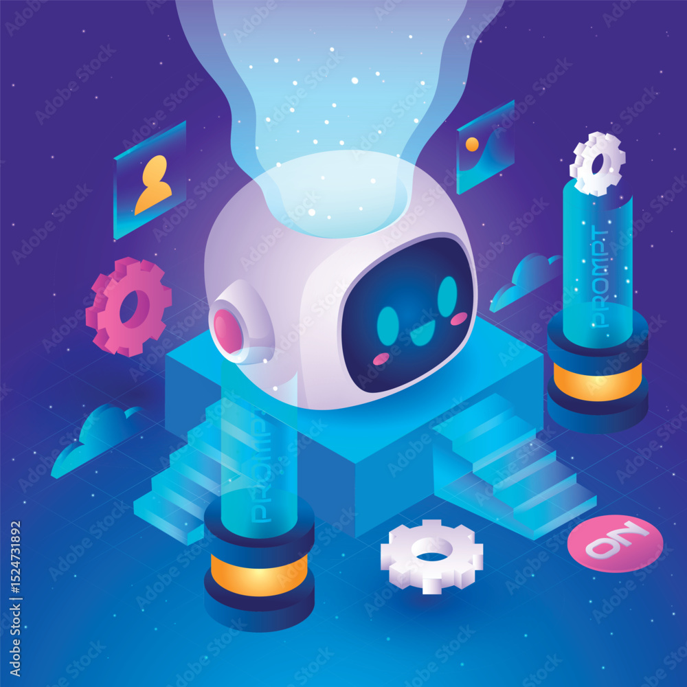 Poster cute robot emitting light with gears platforms and prompt cylinders on a grid