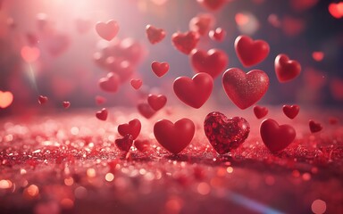 Floating red hearts with glitter and bokeh effect romantic valentine�s day concept