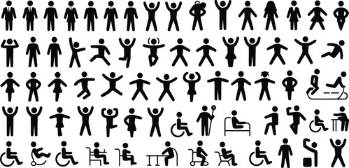 Silhouette vector illustration of diverse people icons, poses and activities, standing, sitting, jumping, disabled symbols, inclusive human figure set