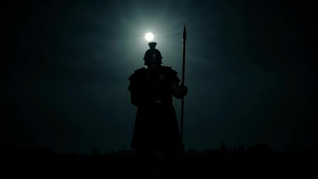 Majestic Silhouette of a Roman Centurion Guarding a Frontier A 4K Video of a Powerful Soldier with Spear