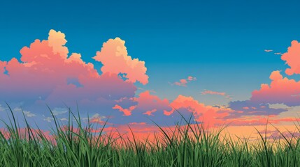 Nature background with green grass and colorful sky. Vector illustration.