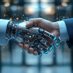 Businessmans Hands Shaking With Hand Robo Close-Up