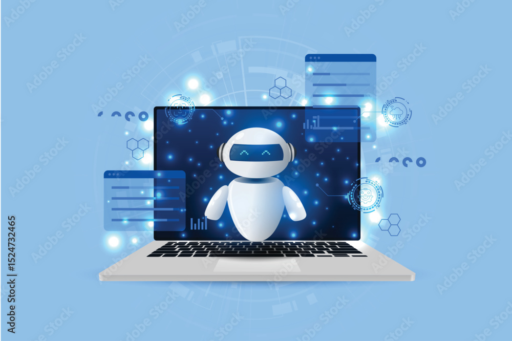 Poster laptop displays a centered white robot surrounded by tech icons and data graphs against a light blue