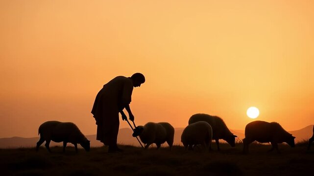 Serene Silhouette of Shepherd Abel Tending his Sheep at Sunset in 4K Ultra HD Peaceful Pastoral Scene