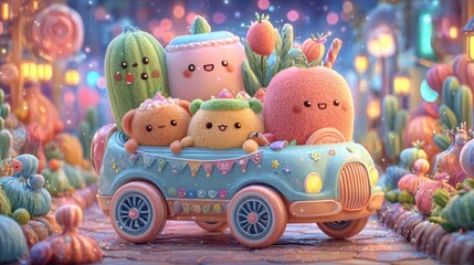 Obraz premium Charming car filled with a variety of stuffed animals creating a delightful and whimsical scene for kids and families to enjoy together