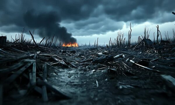 Devastated landscape with fire and heavy clouds