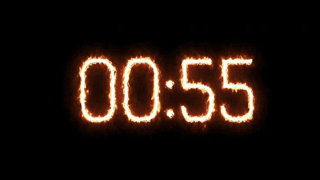 Countdown to 1 minute with burning time flames. Suitable for presentations, videos, and websites for urgency or timesensitive concepts.