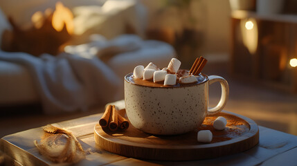 Cozy Hot Beverage with Marshmallows and Cinnamon Stick in a Ceramic Mug