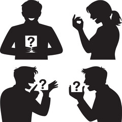 Four silhouettes with question marks representing uncertainty and communication issues in black and white