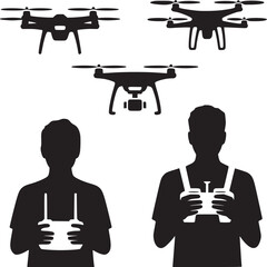 A monochrome illustration of three drones and two people holding remote controllers in silhouette © Syed  39
