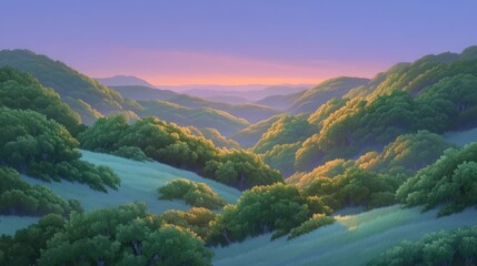 Obraz premium Misty Sunrise Over Hilly Forest Landscape Scenic Nature Background