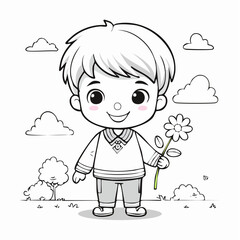Cute little boy holding a flower, black and white clean line art, simple outline perfect for coloring pages, children's educational activities