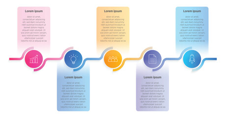 Modern Horizontal progress bar featuring 5 shaped elements, symbolizing the five stages of business strategy and progression. Clean timeline infographic design template. Vector for presentation