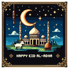 Greeting Poster Graph with Pixel Art Style on Eid Celebration: Pixel Goat on the Hill with Moonlit Mosque City Background