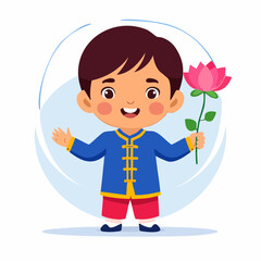 Charming little Sri Lankan boy in traditional clothing smiling and holding a lotus flower, vector celebrating cultural heritage and childhood joy