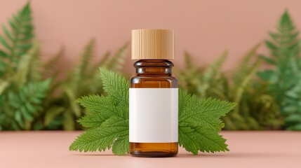 Fototapeta premium Amber Cosmetic Oil Bottle Mockup with Green Leaf
