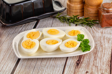 Boiled chicken eggs with bright yolk