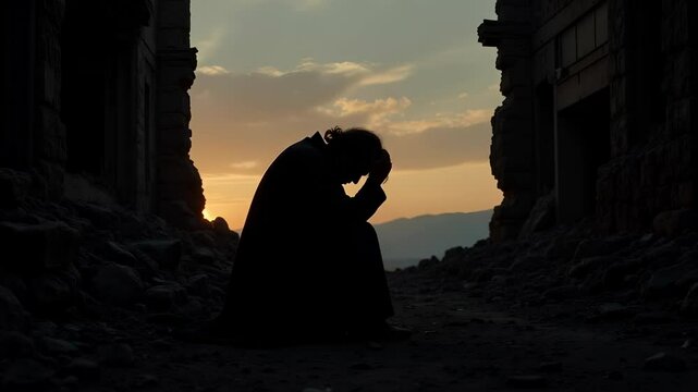 A sorrowful Job silhouette bowed low amidst ancient ruins a 4k video depicting despair and desolation