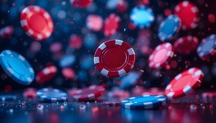 Casino chips falling in slow motion gambling and winning concept