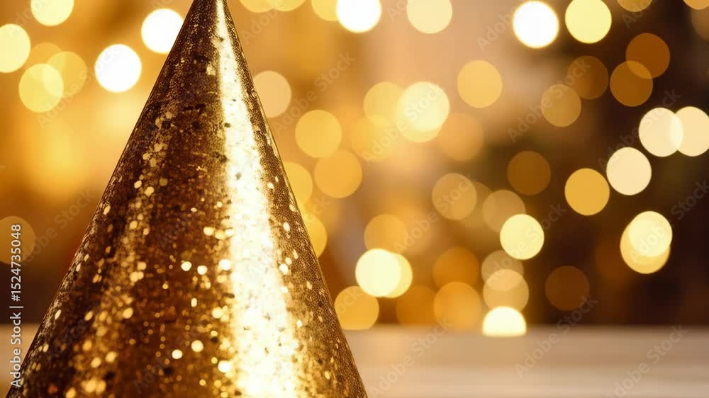Poster golden party hat with sparkles on a table with bokeh lights in the background creating a festive atm