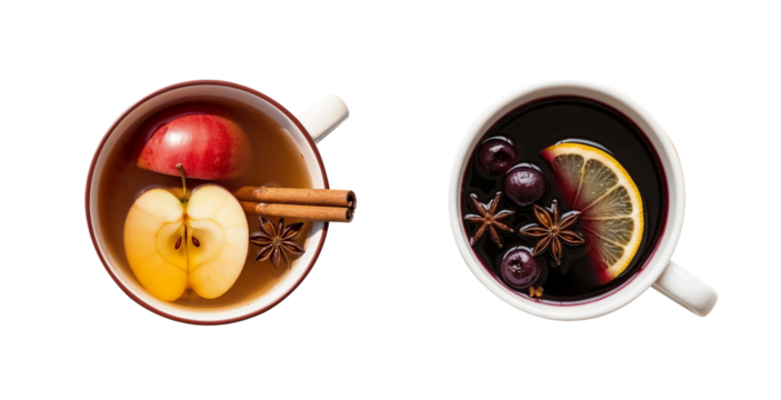 Two cups of spiced apple and berry hot drinks on a transparent background with copy space
