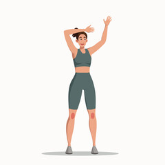 Fit girl doing shoulder stretch cartoon vector flat