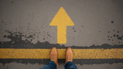 A pair of shoes on wet pavement face a yellow arrow pointing forward, symbolizing a moment of choice, progress, or personal journey. Top-down view with gritty urban texture and boundary line.