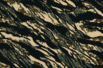Green and Black Tiger Stripe Camouflage Pattern Military Tactical Fabric Texture, vector modern print, seamless fabric texture. Ornament	
