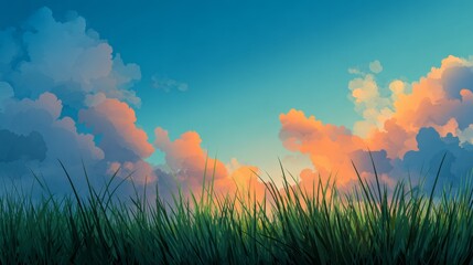 Obraz premium Nature background with green grass and colorful sky. Vector illustration.