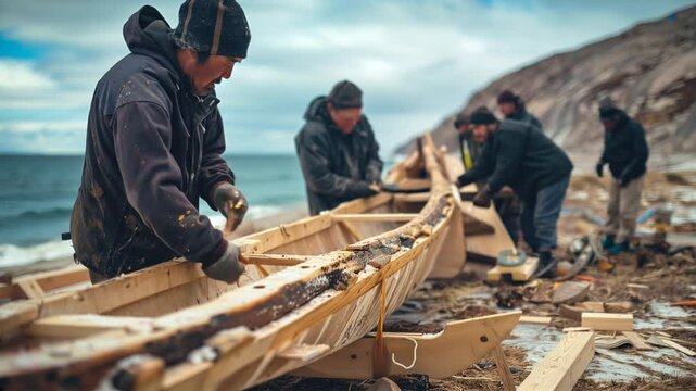 Construction of an Inuit qamutiik sled, with skilled craftsmen shaping wood and lashing together sled components.