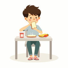Cute boy eating healthy breakfast with milk cartoon vector