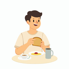 Flat cartoon man eating burger for breakfast at table