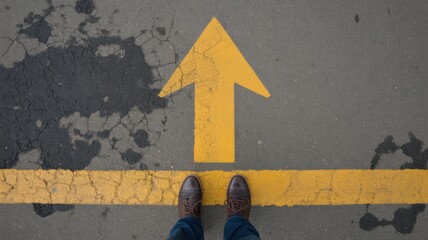 A pair of shoes on wet pavement face a yellow arrow pointing forward, symbolizing a moment of choice, progress, or personal journey. Top-down view with gritty urban texture and boundary line.