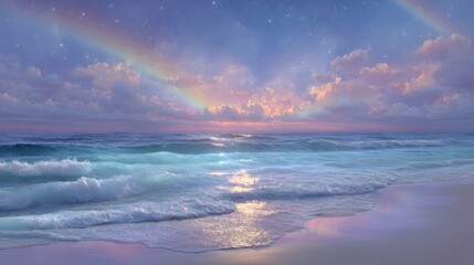 Serene Pastel Beach  Double Rainbow  Sunset  Ocean Waves