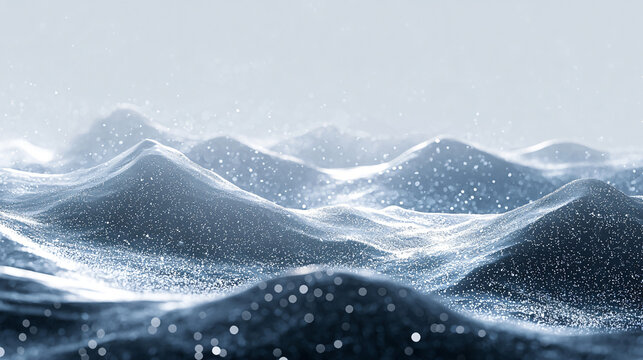 Snow glistening as it falls off the peaks of a majestic mountain range under clear blue sky.