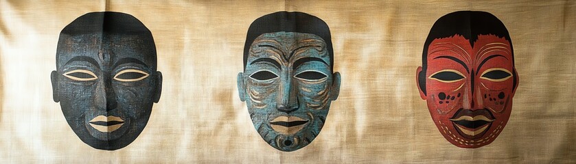 Three traditional masks displayed on a fabric background, showcasing cultural artistry.