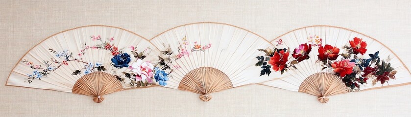 Traditional decorative fans with floral designs, isolated on a white background.