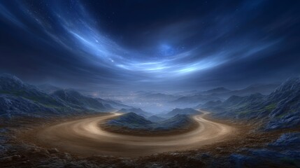 Fototapeta premium Winding Mountain Road at Night Starry Sky Fantasy Landscape