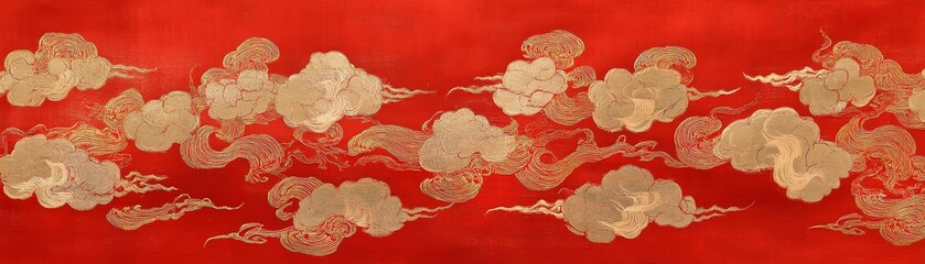 Traditional golden clouds on a vibrant red background.