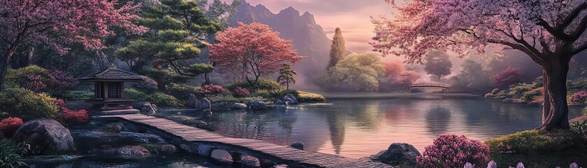 Tranquil cherry blossom garden by a serene lake at sunrise.