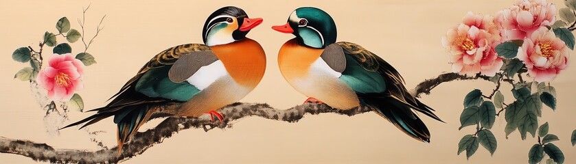 Two beautifully colored ducks perched on a branch with floral background.
