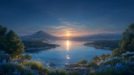 Obraz premium Serene Sunset Lake Calm Waters Mountain View Scenic Landscape
