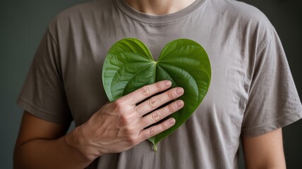 A person in a grey t-shirt holds a vibrant green, heart-shaped leaf to their chest, symbolizing love for nature, health, sustainability, and mindfulness against a dark, neutral background.