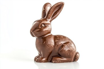 Delicious chocolate bunny shaped figure isolated on white background for festive holiday celebration or sweet dessert concept