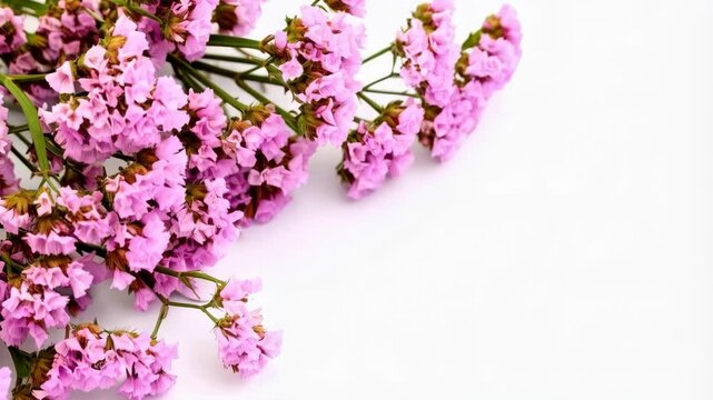 Delicate pink statice flowers and stems arranged on a white background with soft focus in a top left frame for decorative design purposes.