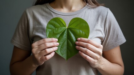 A person in a grey t-shirt holds a vibrant green, heart-shaped leaf to their chest, symbolizing love for nature, health, sustainability, and mindfulness against a dark, neutral background.