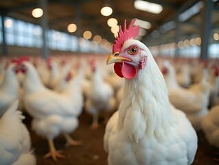 Close-up of a white hen in a modern poultry farm with many chickens in the background.