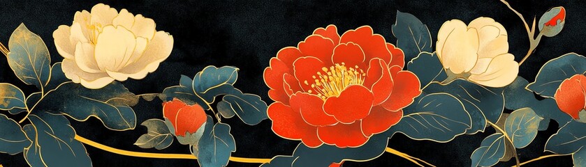 Vibrant floral arrangement with peonies on a dark background.