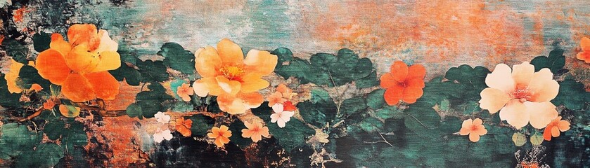 Vibrant floral design with orange and green tones on a textured background.