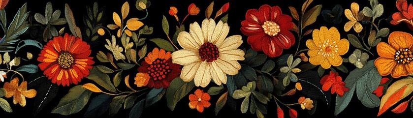 Vibrant floral pattern featuring various colorful flowers on a dark background.